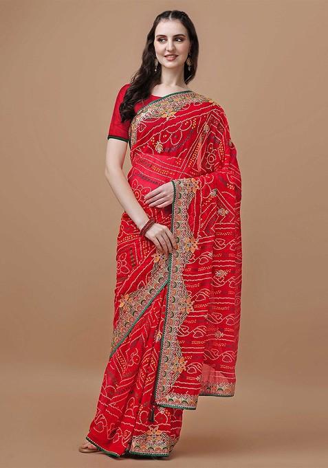 Red Printed Blended Saree Set