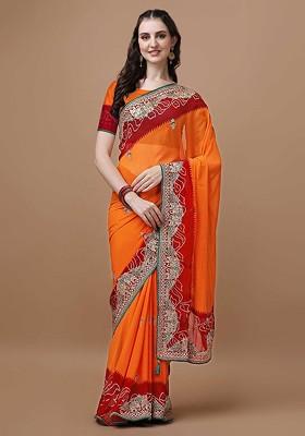 Orange Embroidered Blended Saree Set