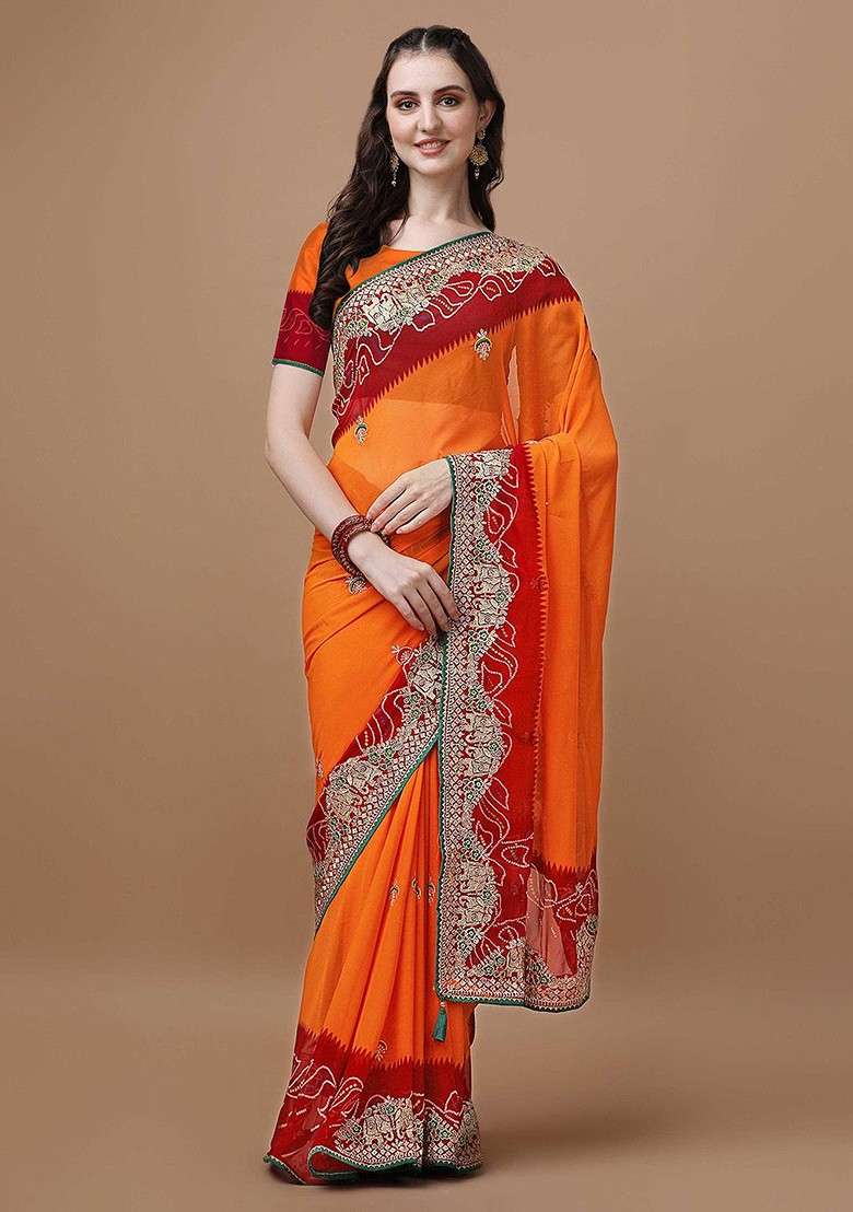 Orange Embroidered Blended Saree Set for Diwali and Festive Wear - Indya