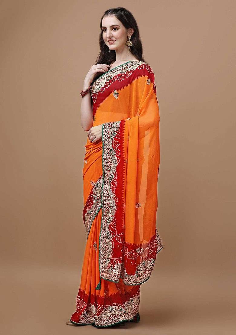 Orange Embroidered Blended Saree Set for Diwali and Festive Wear - Indya