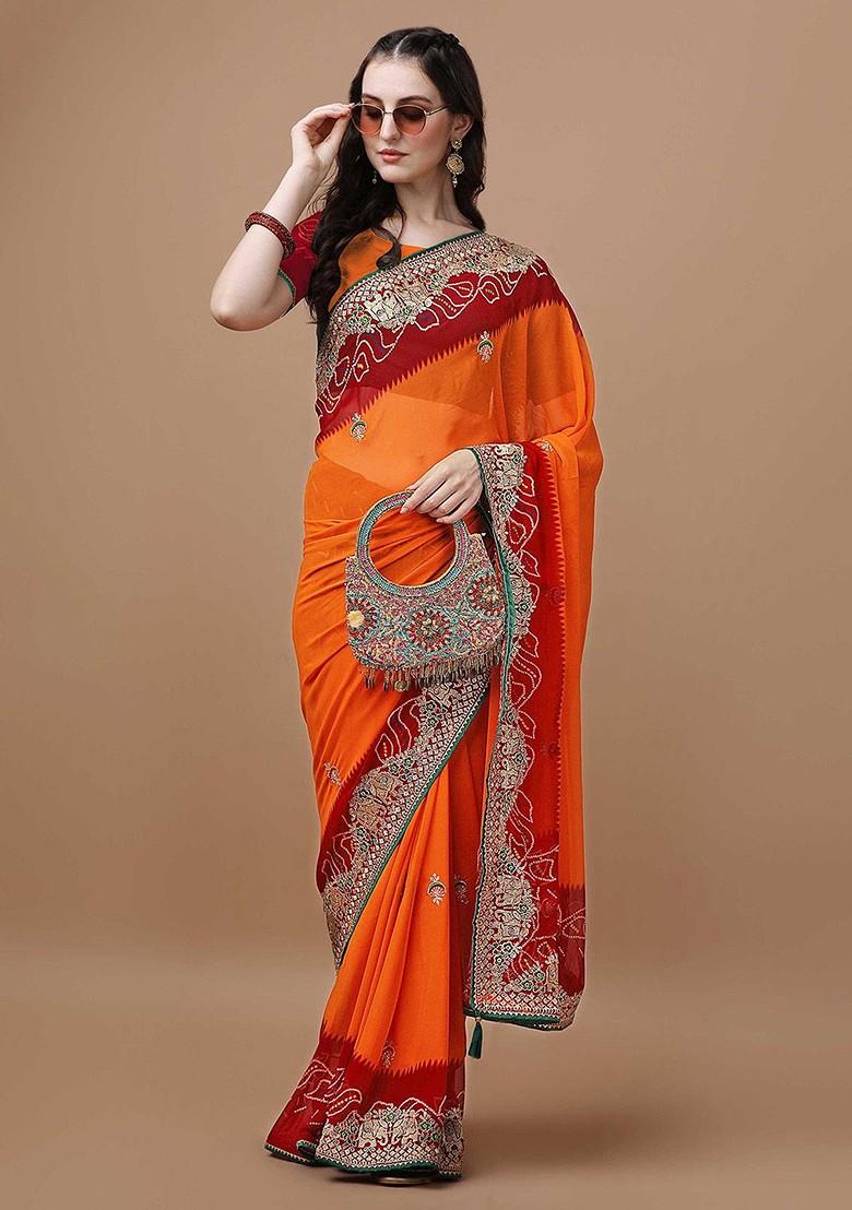 Orange Embroidered Blended Saree Set - Indya