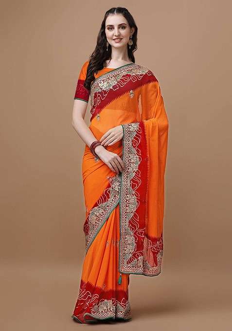 Orange Embroidered Blended Saree Set for Diwali and Festive Wear