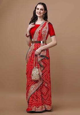 Red Printed Blended Saree Set