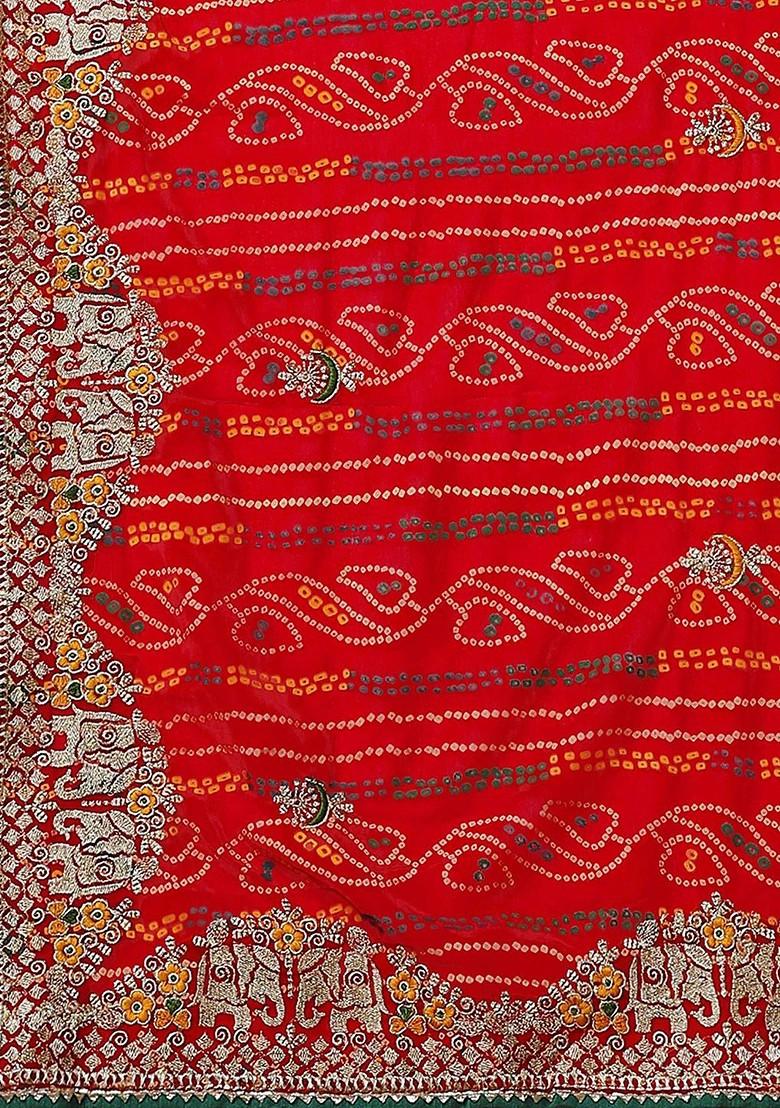 Red Printed Blended Saree Set - Indya