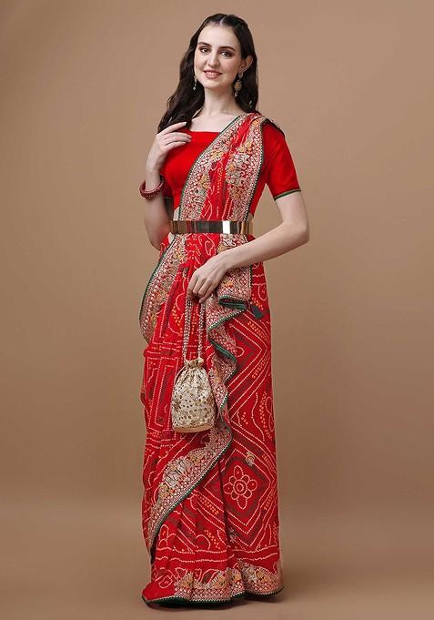 Red Printed Blended Saree Set