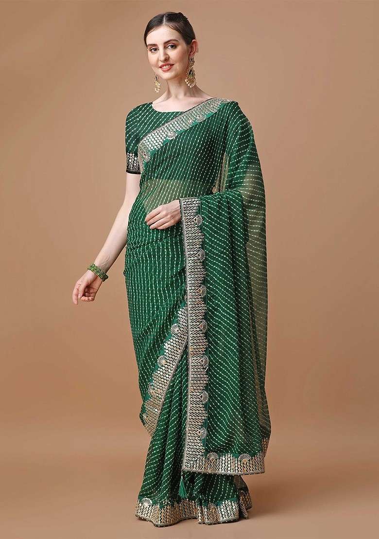 Green Embellished Blended Saree Set for Diwali and Festive Wear - Indya