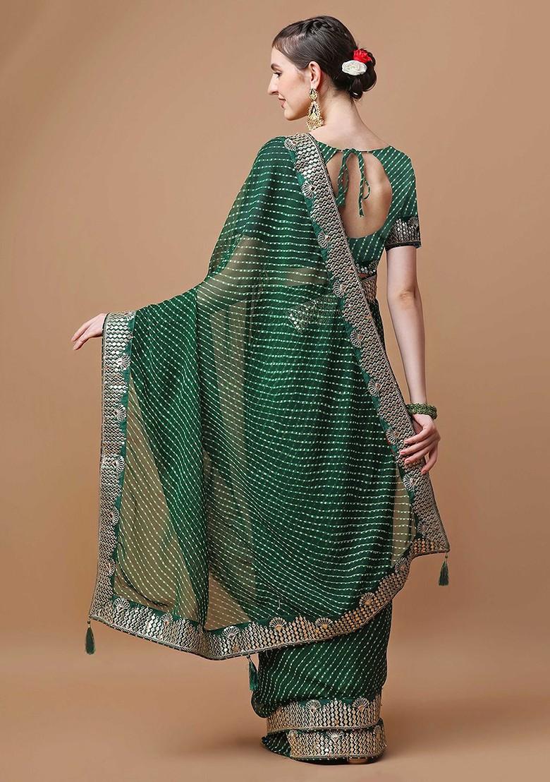 Green Embellished Blended Saree Set - Indya