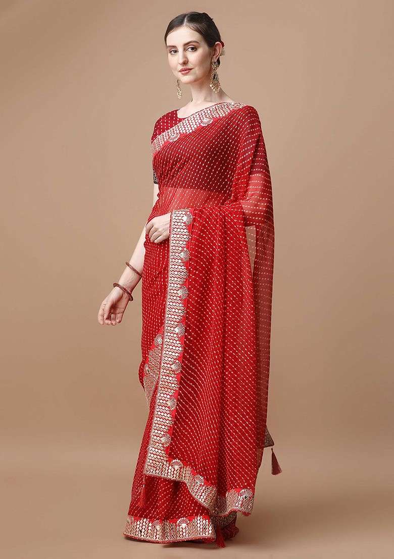 Red Embellished Blended Saree Set for Diwali and Festive Wear - Indya