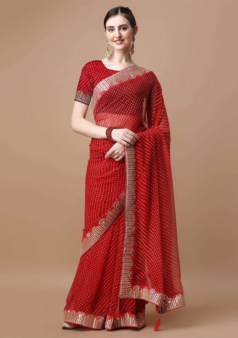 Red Embellished Blended Saree Set for Diwali and Festive Wear - Indya