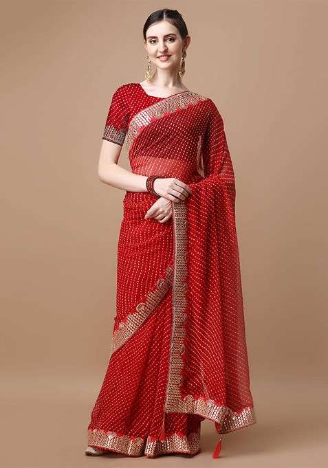 Red Embellished Blended Saree Set for Diwali and Festive Wear