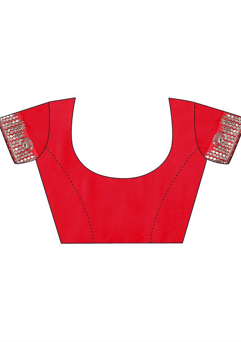 Red Printed Blended Saree Set - Indya