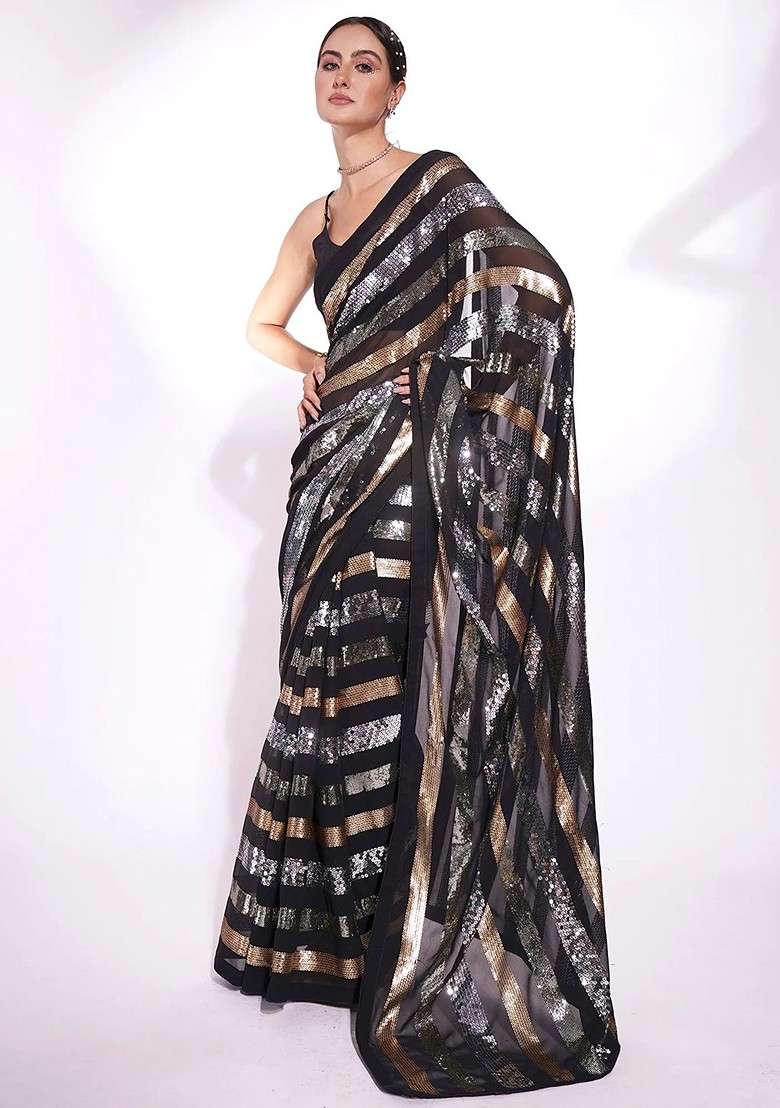 Black Embellished Blended Saree Set for Diwali | Wedding & Festive Wear - Indya