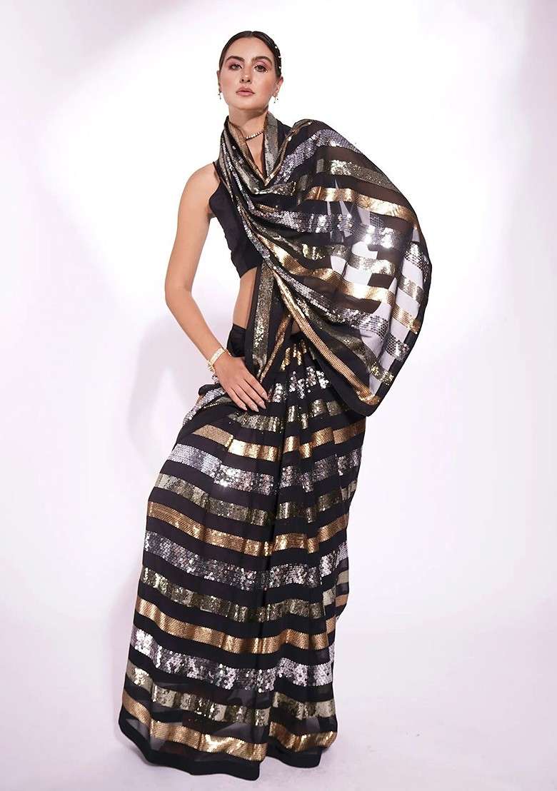 Black Embellished Blended Saree Set for Diwali | Wedding & Festive Wear - Indya