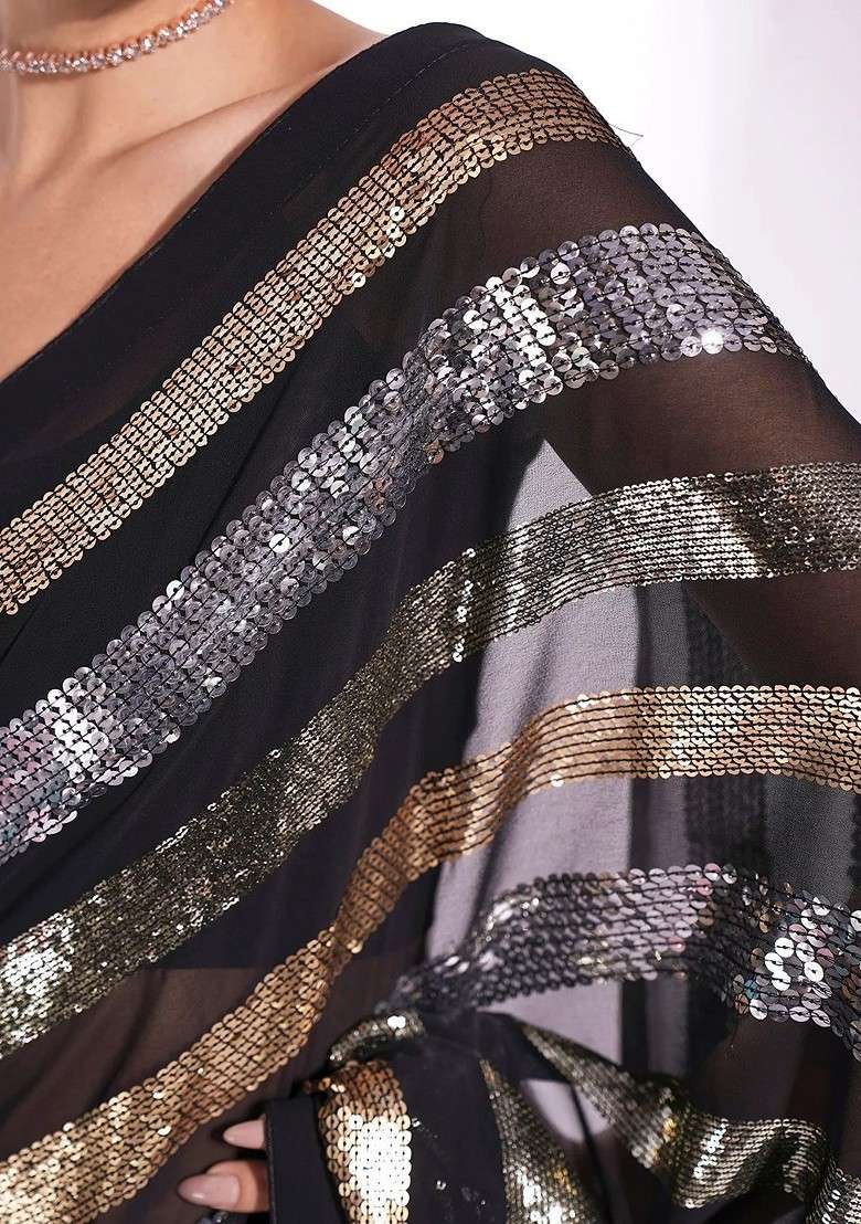 Black Embellished Blended Saree Set for Diwali | Wedding & Festive Wear - Indya
