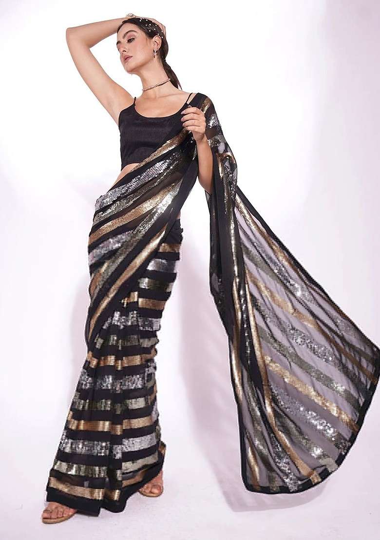 Black Embellished Blended Saree Set for Diwali | Wedding & Festive Wear - Indya