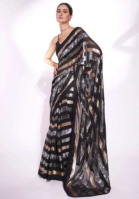 Black Embellished Blended Saree Set for Diwali | Wedding & Festive Wear