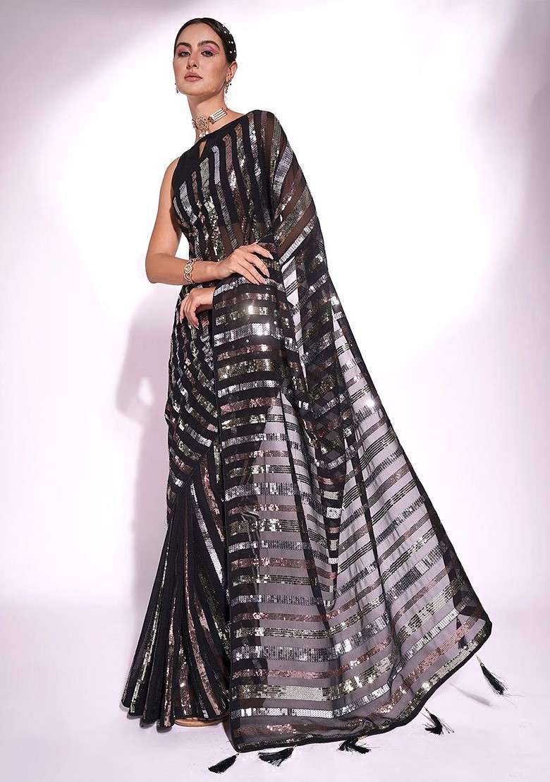 Black Embellished Blended Saree Set for Diwali and Festive Wear - Indya