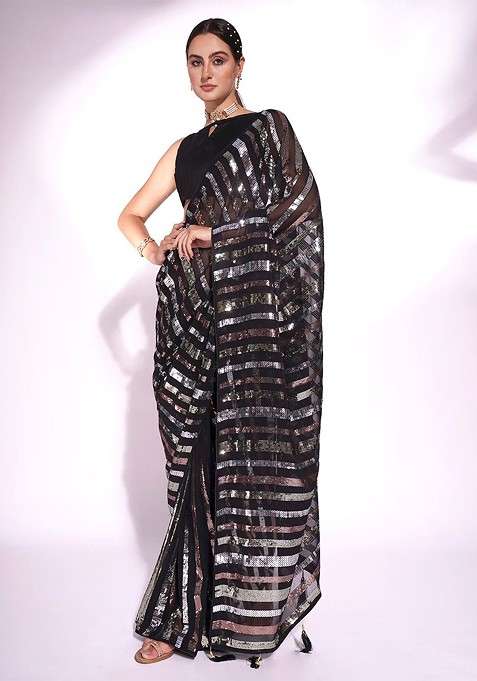Black Embellished Blended Saree Set for Diwali and Festive Wear