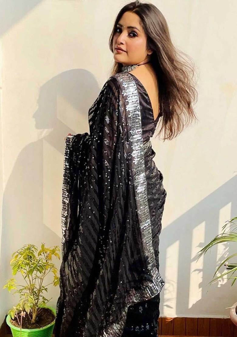 Black Embellished Blended Saree Set - Indya