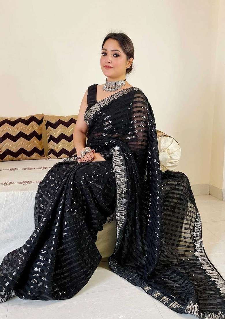 Black Embellished Blended Saree Set - Indya