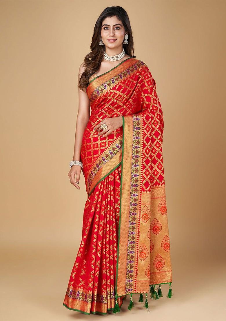 Red Zari Printed Blended Saree Set - Indya