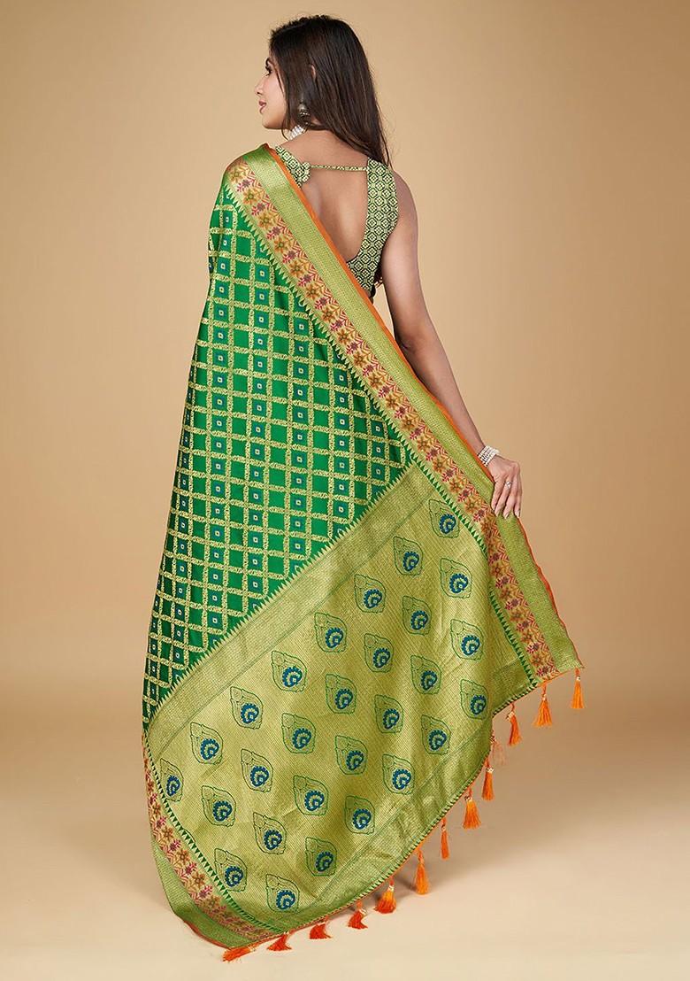 Green Zari Printed Blended Saree Set - Indya
