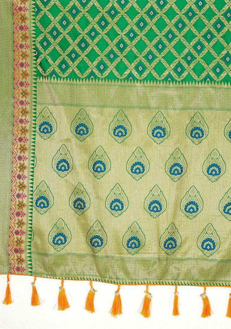 Green Zari Printed Blended Saree Set - Indya