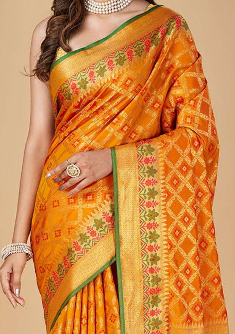 Orange Zari Printed Blended Saree Set for Diwali and Festive Wear - Indya