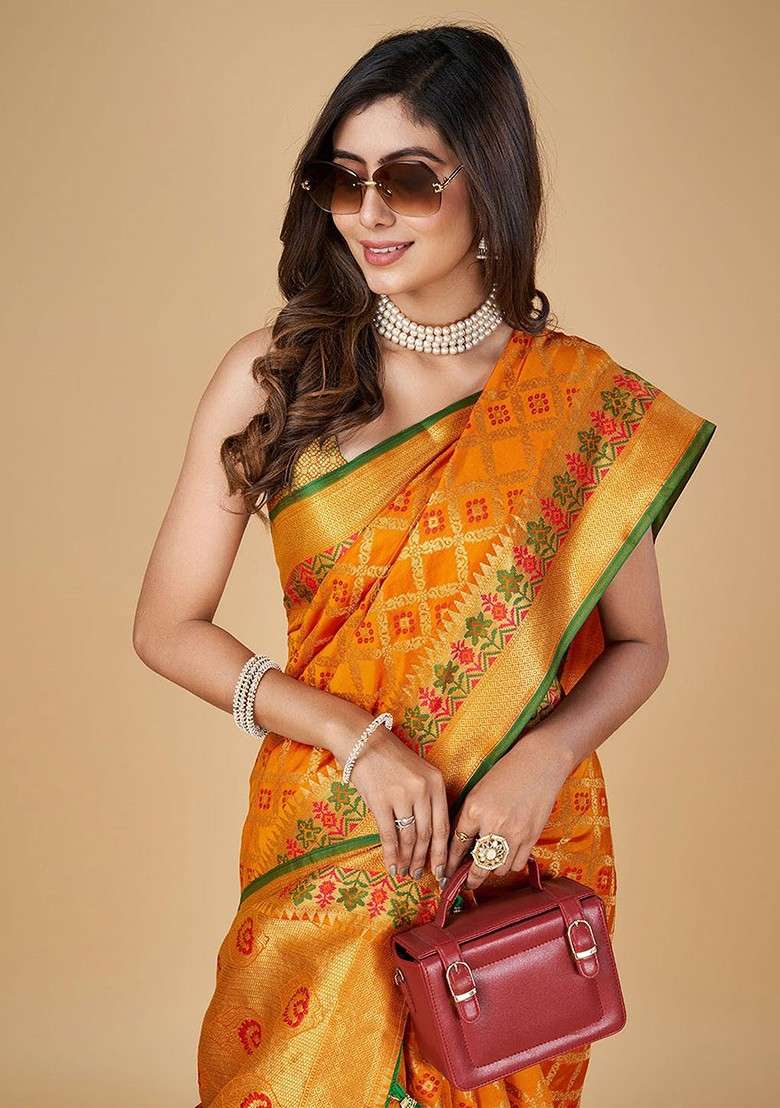 Orange Zari Printed Blended Saree Set for Diwali and Festive Wear - Indya