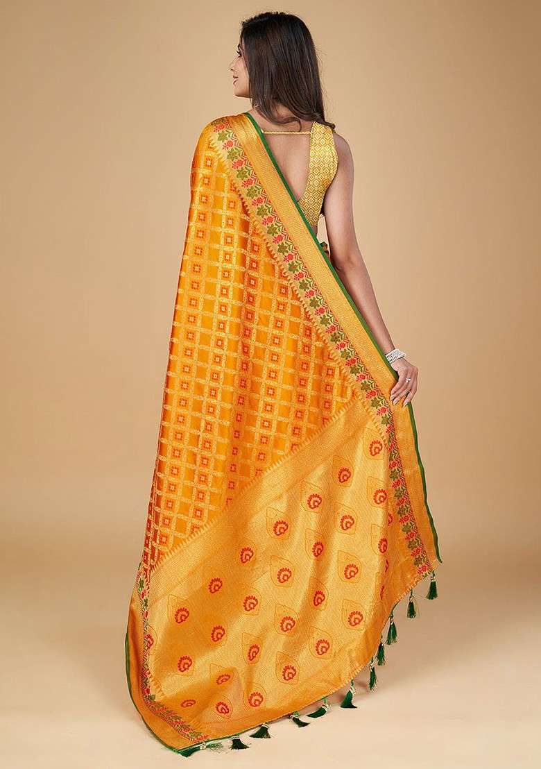 Orange Zari Printed Blended Saree Set for Diwali and Festive Wear - Indya