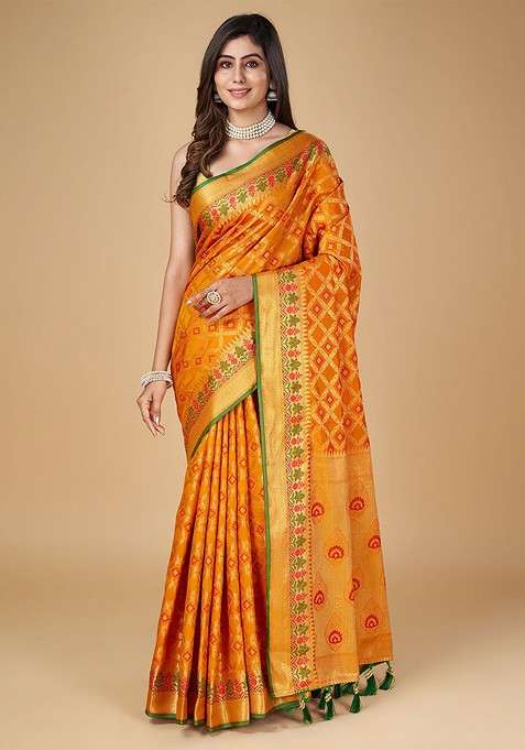 Orange Zari Printed Blended Saree Set for Diwali and Festive Wear