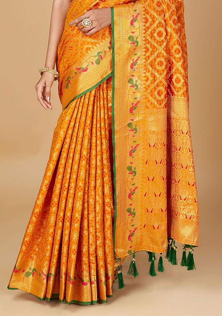 Orange Zari Printed Blended Saree Set - Indya