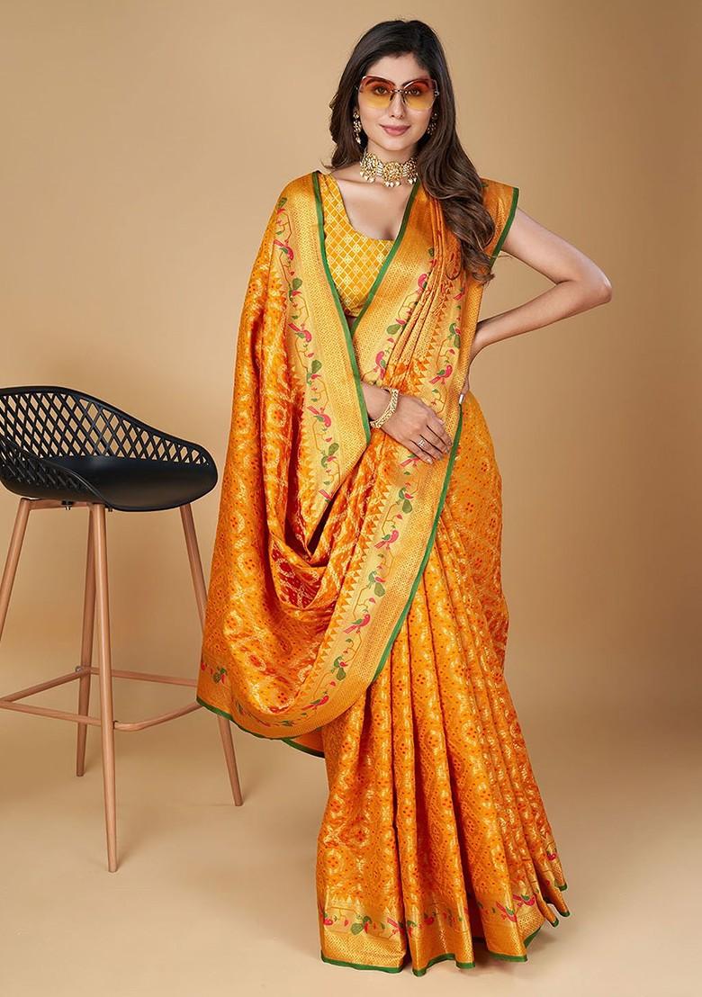 Orange Zari Printed Blended Saree Set - Indya