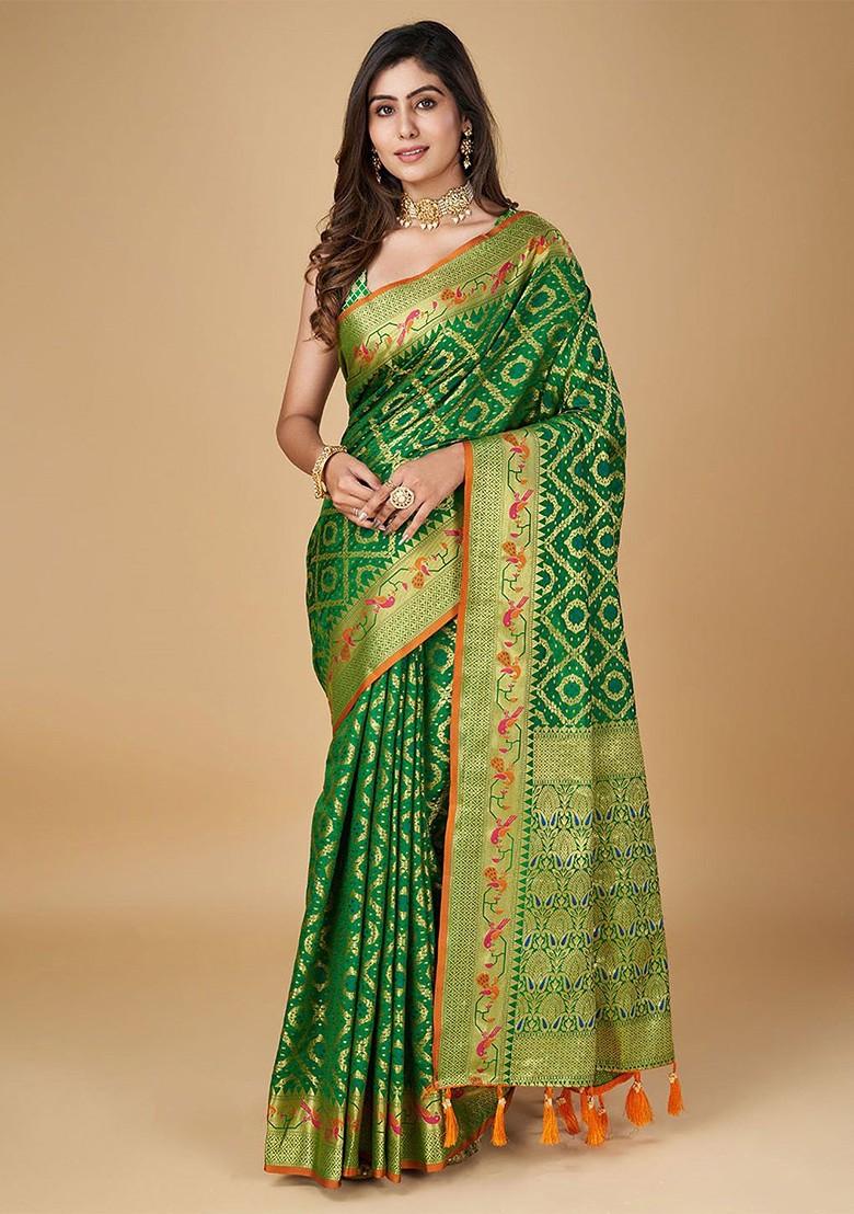 Green Zari Printed Blended Saree Set - Indya