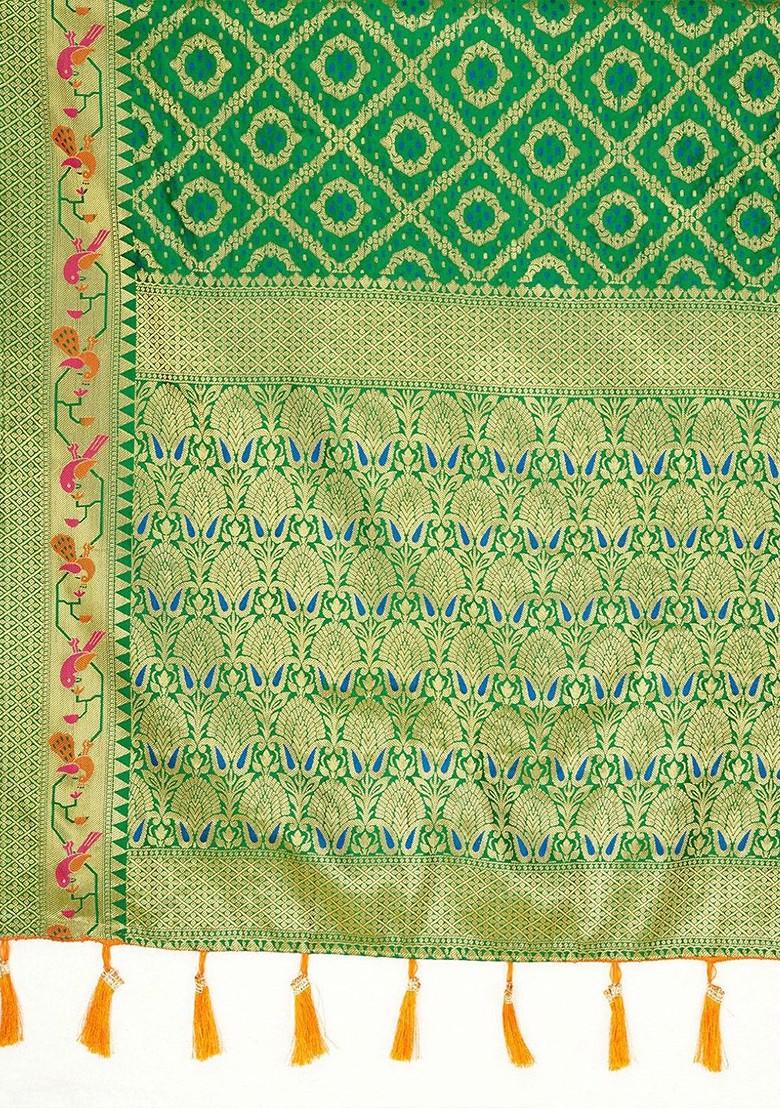 Green Zari Printed Blended Saree Set - Indya