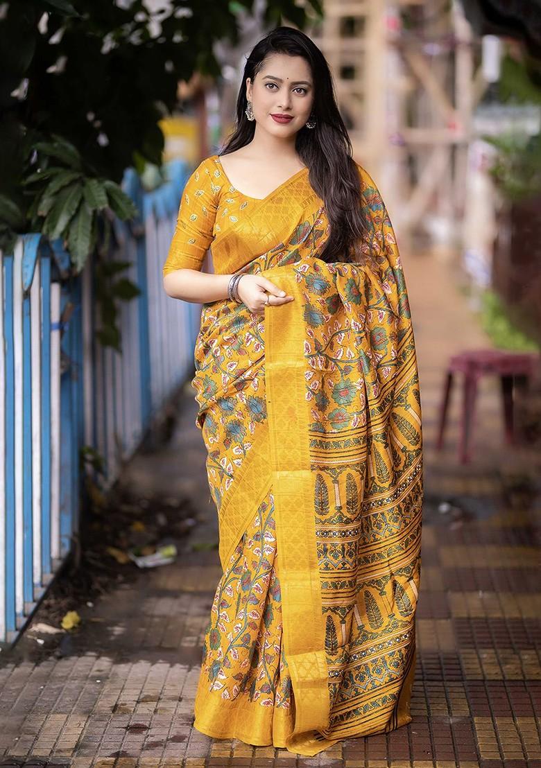 Yellow Printed Blended Saree Set - Indya