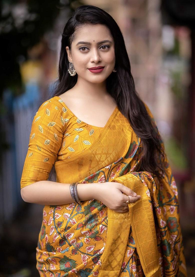 Yellow Printed Blended Saree Set - Indya