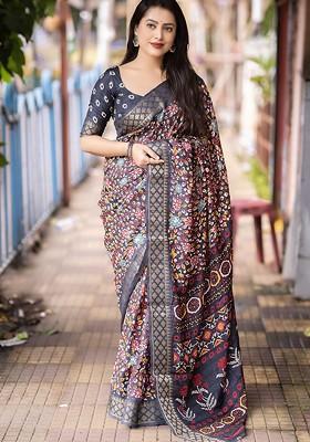 Black Printed Blended Saree Set