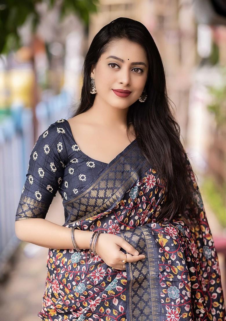 Black Printed Blended Saree Set - Indya