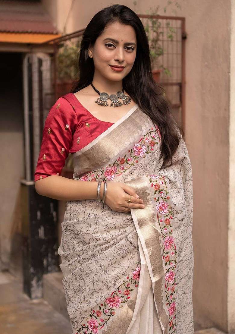 Beige Embellished Blended Saree Set for Diwali | Wedding & Festive Wear - Indya