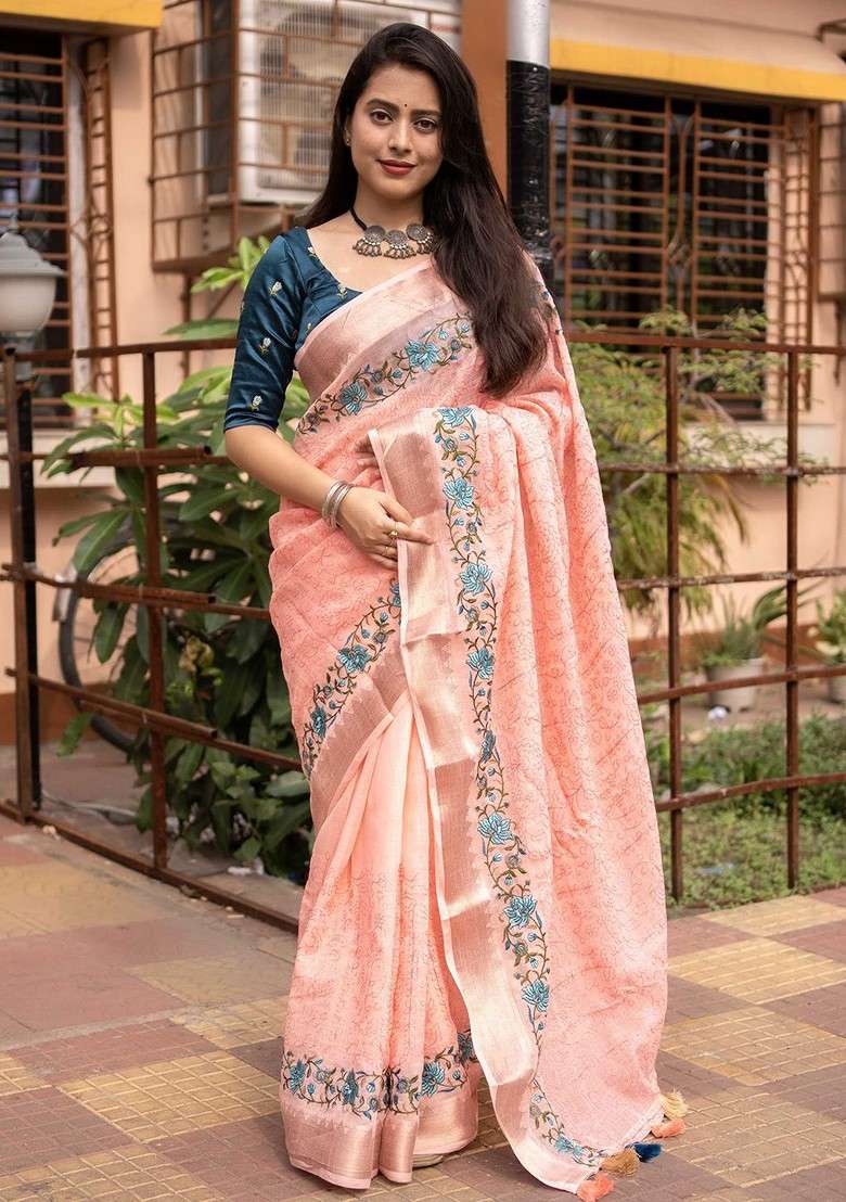 Peach Embellished Blended Saree Set for Diwali and Festive Wear - Indya