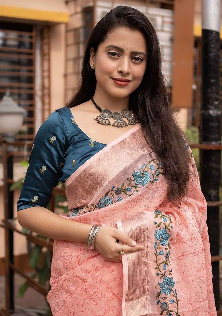 Peach Embellished Blended Saree Set for Diwali and Festive Wear - Indya
