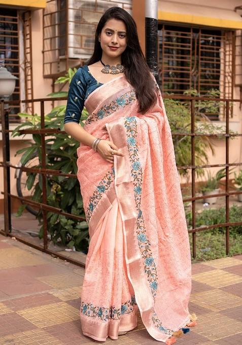 Peach Embellished Blended Saree Set