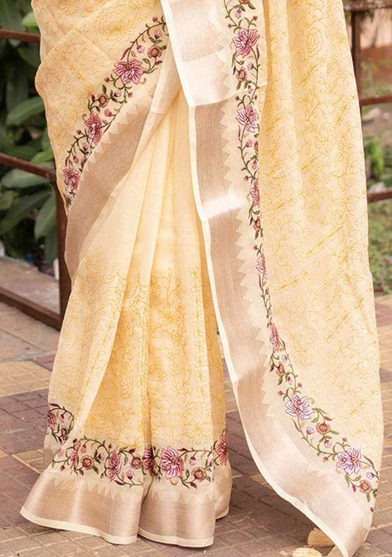 Cream Floral Print Blended Saree Set - Indya