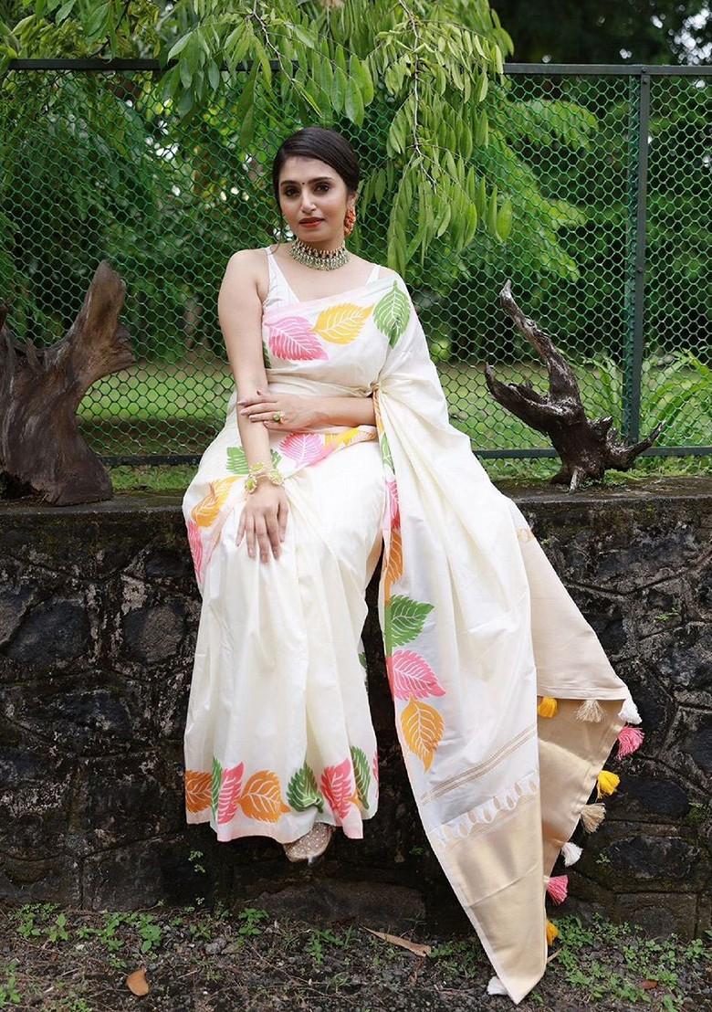 White Printed Blended Saree Set - Indya
