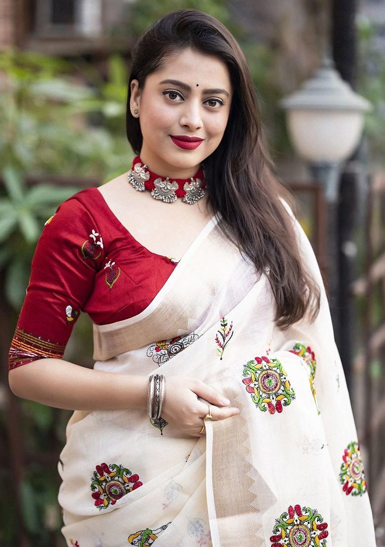 White Zari Printed Blended Saree Set - Indya