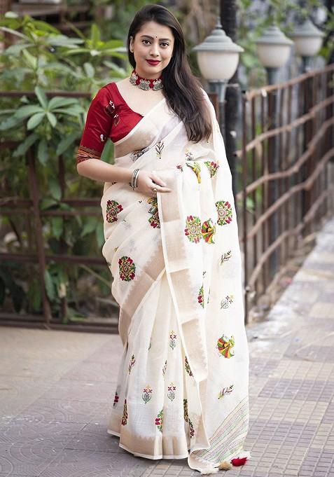 White Zari Printed Blended Saree Set
