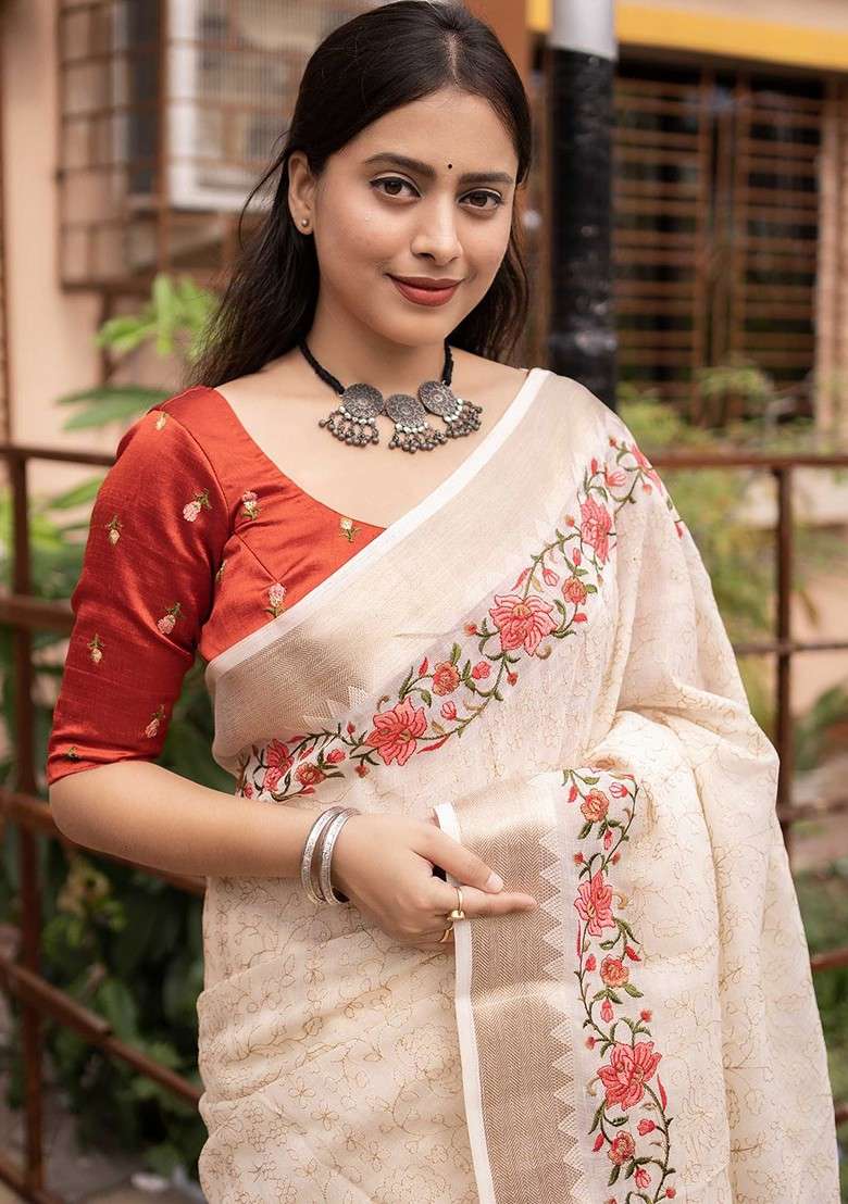 White Embellished Blended Saree Set for Diwali | Wedding & Festive Wear - Indya
