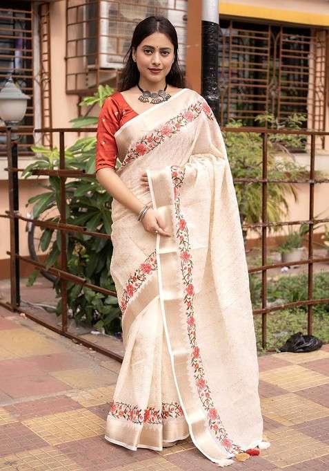 White Embellished Blended Saree Set for Diwali | Wedding & Festive Wear