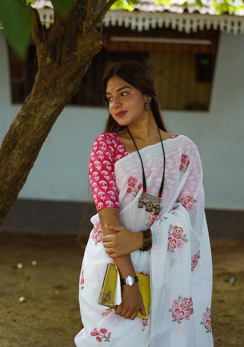 White Printed Blended Saree Set - Indya